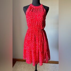 Monteau Red Ruffle Tier Dress Scallop Detail Size S Sundress Sheer Neckline